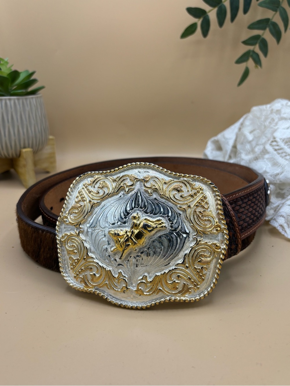 Ranger Belt Company Western Hair-on-Hide Belt Rodeo Buckle Size 46